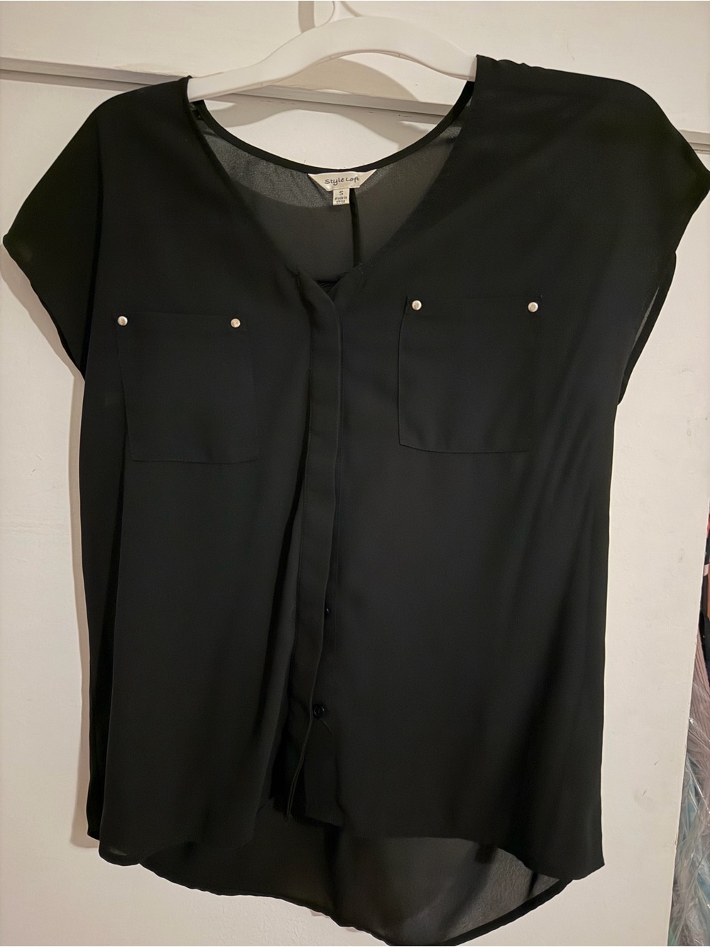Style & Co. Black Short Sleeve Button-Front Pocket Blouse